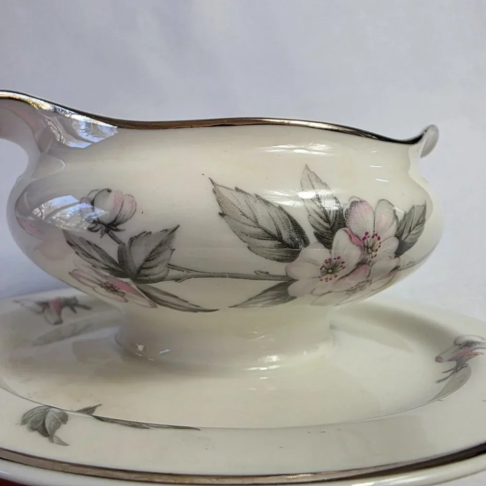 Manor House Spring Glory Gravy Boat & Underplate Pink & White Floral Gray Leaves